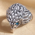 Vintage eagle head open ring in silver finish with blue gem eyes and feather details - Blue Eye