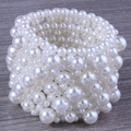 Handmade multilayer white faux pearl wide elastic bracelet with textured bead weaving - White