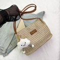 Striped bucket straw shoulder bag in beige with brown leather straps and cloud charm - Khaki With Pendant