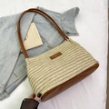 Striped straw bucket bag in beige with brown leather patchwork and slim shoulder straps - Khaki