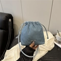 Minimalist light blue denim drawstring bucket bag with silver metal logo for women - Light Blue