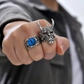 Retro-Punk-Set mit blauem Drachenauge-Ring und detaillierter Dämonenmaske für Herren - Oni-Maske + Blaues Evil Eye 2-Teiliges Ring-Set