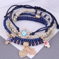 Böhmisches Mehrlagiges Armband-Set mit Bösem Blick, Hamsa-Hand und Herz-Anhänger mit Liebe - Marineblau