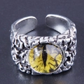 Vintage silver open ring with dragon eye stone and irregular rock texture finish - Yellow