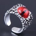 Retro punk evil eye open ring with silver textured metal and red stone inlay - Red