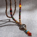 Ethnic bohemian long wooden bead necklace with colorful accents and elephant pendant - Ganesha Wood Necklace