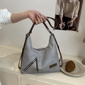Large chevron woven straw tote bag with brown leather handles for summer beach vacations - Gray