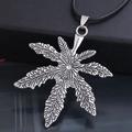 Retro maple leaf pendant necklace in antique silver finish with white crystal and black cord - Antique Silver Leaf Style