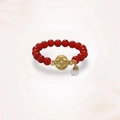 Handmade red agate beaded stretch ring with a gold coin charm and a small pearl bead - J0405 Red Agate Ring