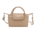 Beige faux leather shoulder bag with top handles and fashion lettering detail - Khaki