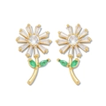 Eleganti orecchini a fiore dorati con cristalli scintillanti e dettagli foglie verdi - Orecchini Margherita Oro