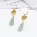 Vintage gold butterfly tassel earrings with green jade droplets and white pearls - Enamel Butterfly Dongling Jade Hook Earrings (E1392)