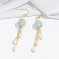 Elegant gold earrings with green carved petal beads and delicate pearl chain tassels - Single Earrings (E1334)