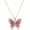 Close-up of golden necklace with pink enamel butterfly pendant and sparkling zircon stones - Butterfly Necklace / Gold