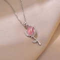 Pink tulip crystal necklace in titanium steel with shimmering zircon accents on chain - Tulip Necklace (X3766) / Light Pink
