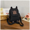 Detail of cute black capybara canvas crossbody bag with adjustable shoulder strap - Black