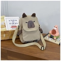 Detail view of cute Capybara canvas crossbody bag with thick shoulder strap and zipper - Khaki