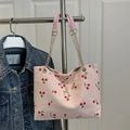 Pink corduroy tote bag featuring red cherry prints with chain straps and deer pendant - Pink