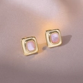 Elegant 925 silver needle square earrings with pink mother-of-pearl inlay on silk - Geometric Square / Pink