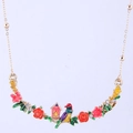 Detailed macro of enamel garden necklace featuring roses, a bird, and a cottage - Pink House and Rose Style (6#)