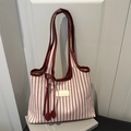 Borsa tote in tela a righe con finiture in pelle rossa e grande capacità quotidiana - Rosso