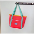 Bolso de malla naranja vibrante con asas azul-verde para playa y compras diarias - Rojo Anaranjado
