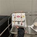 Chic polka dot mini backpack with pink handle and creative cartoon patches for women - Pink