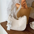 Chic milky white half-moon shoulder bag with marble texture and plush bear charm - Beige With Charm