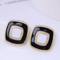 Minimalist square 925 silver geometric stud earrings with black and white enamel in gold finish - Square Enamel / White & Black
