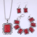 Bohemian silver tone jewelry set with red turquoise stones and intricate floral engravings - Red Zirconia Set