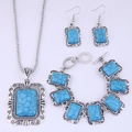 Ensemble détaillé de collier, boucles d'oreilles et bracelet turquoise rétro gravés argent - Bleu Set