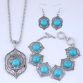 Parure de bijoux vintage argentés avec pierres turquoise incluant collier boucles et bracelet - Ensemble Géométrique (Bleu/Pierre Ronde)