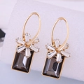 Elegant gold drop earrings with flower crystal petals and rectangular smoky quartz gems - Smoky Grey Rectangular Gemstone Style (2#)