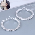 Detailed view of 60mm silver hoop earrings with clear rhinestones on model - 30mm Small Style (4#)