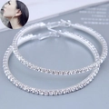 Detail view of large 60mm silver hoop earrings with micro-pave white rhinestones - 60mm Extra Large Style (1#)