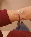 Four-piece rose gold layered bracelet set with crystal accents and engraved cuff - Rose Gold Rhinestone Geometric 4-Piece Set (0736-2)
