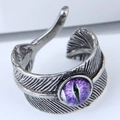 Detailed close-up of retro feather ring with purple evil eye inlay and vintage finish - Purple Evil Eye Feather Style (1)