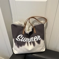 Μεγάλη τσάντα tote από καμβά tie-dye με τύπωμα Summer και δερμάτινες λαβές για γυναίκες - Μαύρο