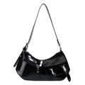 Bolso de hombro media luna en charol negro con bolsillos y herrajes plateados - Negro
