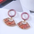 Detailed macro view of geometric fan-shaped earrings with purple and amber resin textures - Purple Circle and Brown Fan Drop (4)