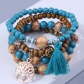 Boheems meerlaags houten kralen stretcharmband met levensboom bedel en turquoise kwastje - Blauw