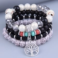 Bohemian multi-layer stretch bracelet set with wooden beads and tree of life charm - Black