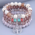 Bohemian multi-layer stretch bracelet with wooden beads and Tree of Life charm - Coffee