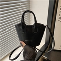 Minimalist black shiny leather bucket bag with top handles and fashion lettering print - Black