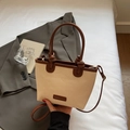 French straw tote bag with brown leather handles and adjustable shoulder strap for women - Brown