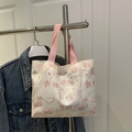 Bolso tote de lona blanca con grafiti de oso rosa y asas reforzadas - Rosa