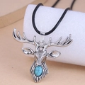 Retro zilveren hertskop ketting met turquoise steen op zwart geweven waskoord - Hertenkop Stijl (龙2082913)