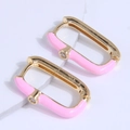 Elegant gold rectangle hoop earrings with pink enamel inlay and clear cubic zirconia - Pink (22101537)