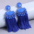 Bohemian royal blue long tassel drop earrings with round studs on a grey display - Blue (020126)
