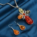 Blumen Kreuzhalskette und Tropfenohrringe Set mit bunten Bernstein Stil Steinen - Wassertropfen-Kreuz-Stil (022122315)